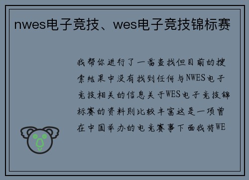nwes电子竞技、wes电子竞技锦标赛