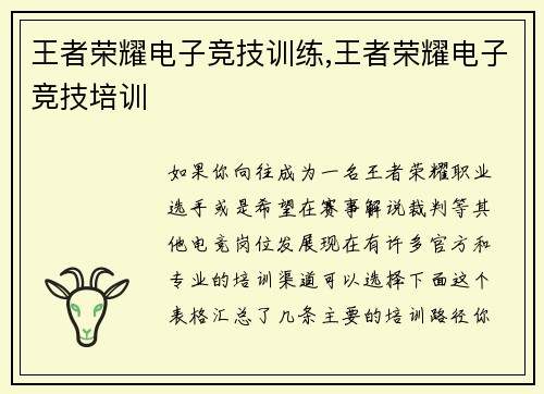 王者荣耀电子竞技训练,王者荣耀电子竞技培训